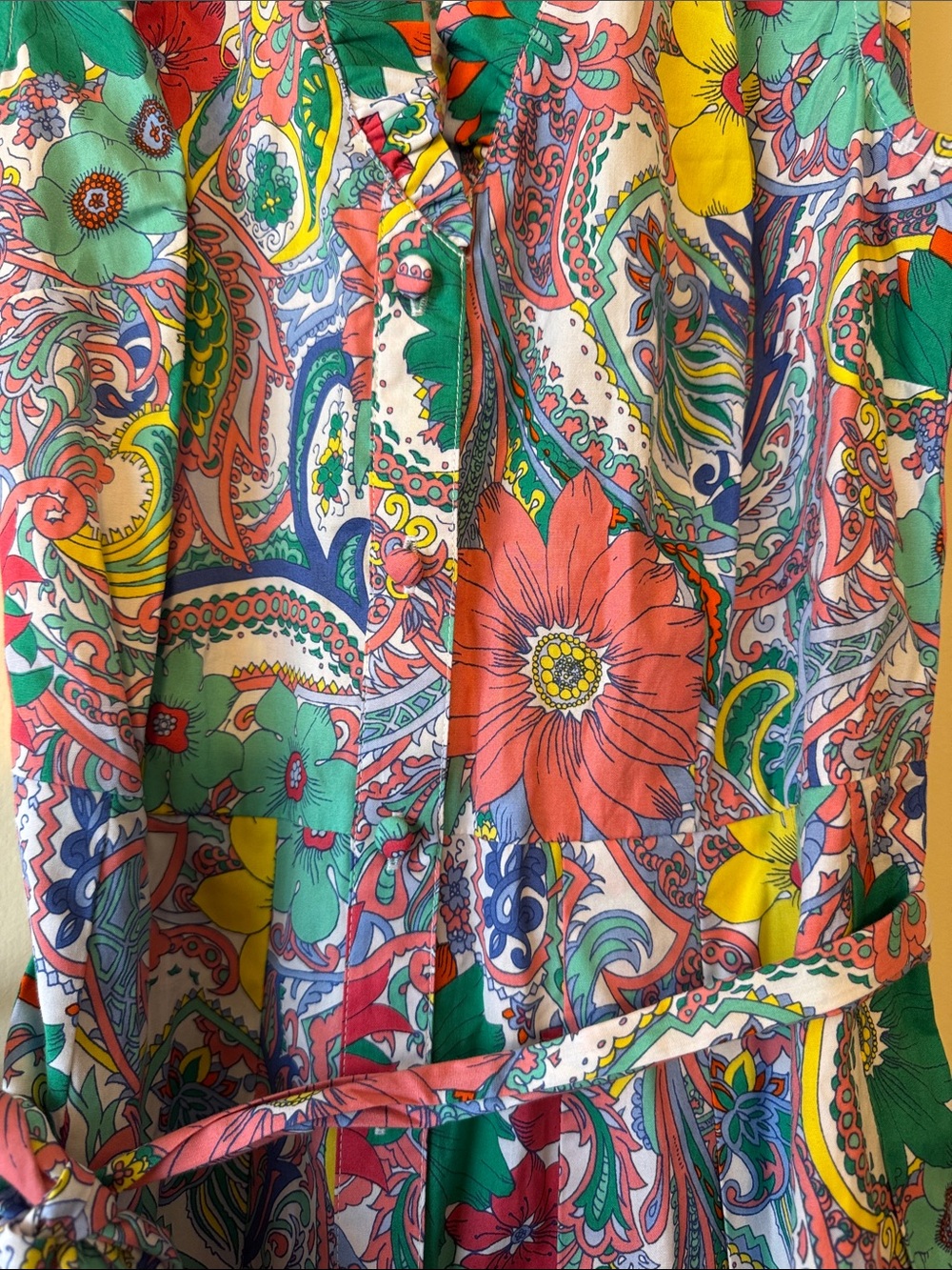 Talbots Sleeveless Paisley Floral Tie-Waist Midi Dress in Green, Pink and Yellow - Picture 5 of 9